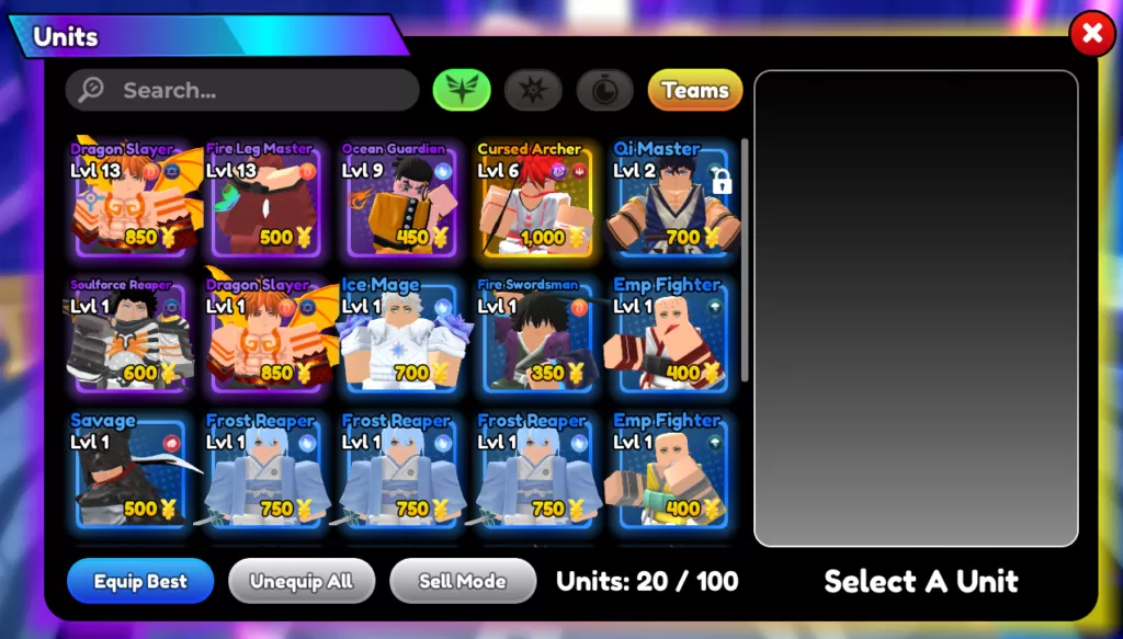 Units in Anime Defenders