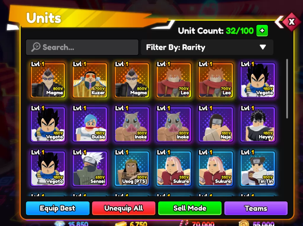 Units in Anime Reborn