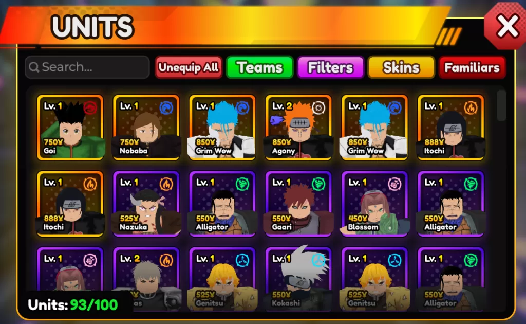 Units in Anime Vanguards