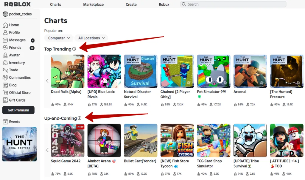 Top Trending and Up-and-Coming sections on Roblox